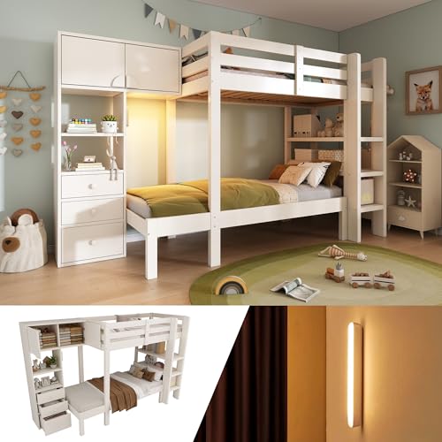 Luxeza Etagenbett 90x200 cm mit intelligentem Nachtlicht, Versetztes Design mit Schrank, Regal & Schubladen, Großzügiger Stauraum, 90x200 cm, Weiß von Luxeza