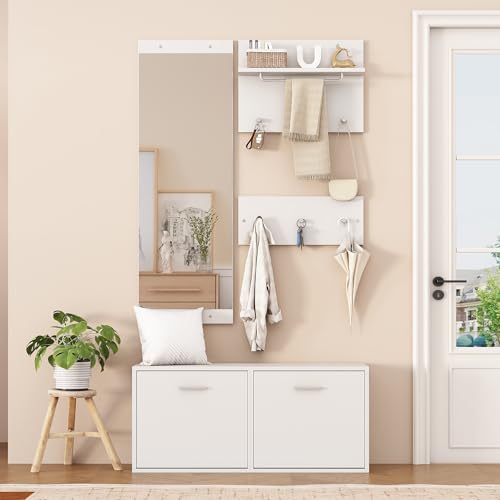 Luxeza Garderoben-Set 4-teilig mit Spiegel,2 Hutablage und Schuhschrank.Flur Garderobenständer Kleiderständer Set,Flurgarderoben Set,Kompaktgarderobe mit 6 Kleiderhaken,Weiß 90 * 30 * 41.5cm von Luxeza