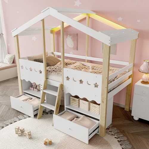 Luxeza Halbhohes Bett,90x200cm,Hausform,Hochbett,2 Schubladen,LED-Lichtleiste,ohne Matratze,Weiß + Natur von Luxeza