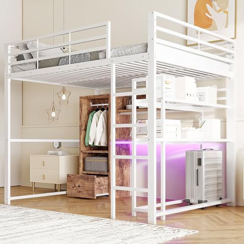 Luxeza Hochbett, Metallbett, Mit LED-Leuchten, Schreibtisch, 1 Schubladen, Regale, Geländer, Treppe, ohne Matratze (Weiß, 140x200cm) von Luxeza