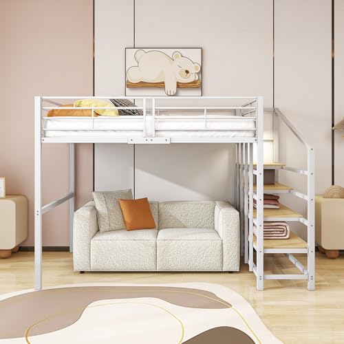 Luxeza Hochbett 140 x 200 Stabile Metallkonstruktion mit geräumigem Stauraum unter dem Bett und Treppe Ideal für Kinder und Erwachsene Stauraumbett für maximale Platzeffizienz (weiß) von Luxeza