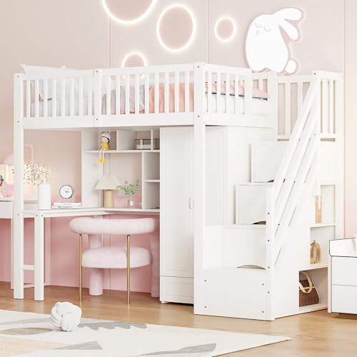 Luxeza Hochbett 90 x 200 mit großem Kleiderschrank Regal und Tisch, Stauraum Treppe Mehrzweckbetteinheit Holzbettgestell (weiß) von Luxeza