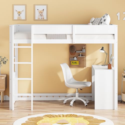 Luxeza Hochbett aus Holz 90 * 200cm, Sicherheitstreppe, mit Tisch, hohes Zaundesign, Einzelbett, Kinderbett (weiß) von Luxeza
