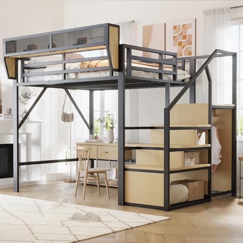 Luxeza Hochbett mit Sicherheitsleiter und flexiblem Staufach, Metallbett Erwachsenenbett Kinder-Etagenbett (Schwarz, 140x200cm) von Luxeza