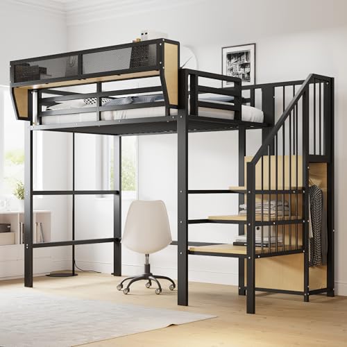 Luxeza Hochbett mit Sicherheitsleiter und flexiblem Staufach, Metallbett Erwachsenenbett Kinder-Etagenbett (Schwarz, 90x200cm) von Luxeza