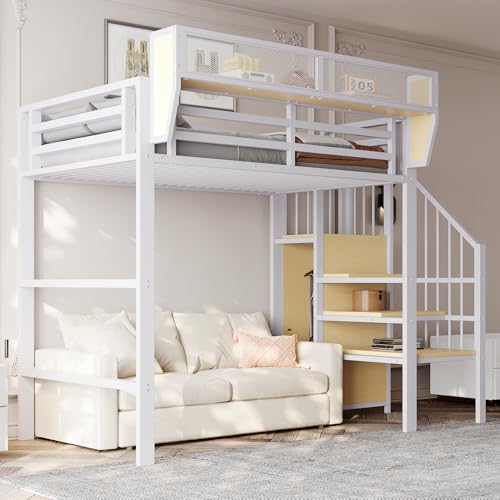 Luxeza Hochbett mit Sicherheitsleiter und flexiblem Staufach, Metallbett Erwachsenenbett Kinder-Etagenbett (Weiß, 90x200cm) von Luxeza
