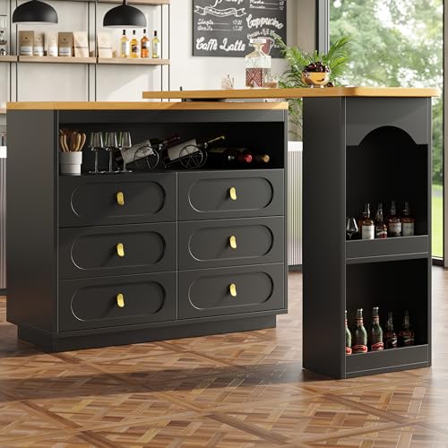 Luxeza Hochwertiger Ausziehbarer Bartisch mit 360° Drehfunktion und Stauraum, Höhenverstellbar von 138-204cm, Moderner Rollbarer Bar Tisch mit Schubladen für Küche, Wohnzimmer, Esszimmer (Schwarz) von Luxeza
