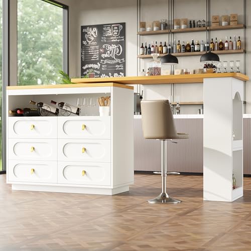 Luxeza Hochwertiger Ausziehbarer Bartisch mit 360° Drehfunktion und Stauraum, Höhenverstellbar von 138-204cm, Moderner Rollbarer Bar Tisch mit Schubladen für Küche, Wohnzimmer, Esszimmer (Weiß) von Luxeza