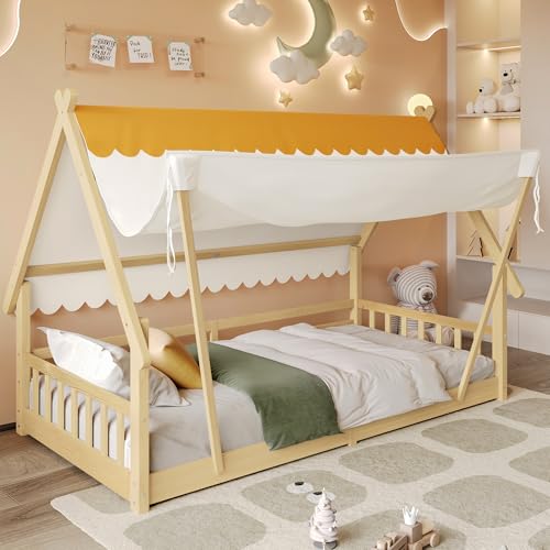 Luxeza Holzbetten, Kinderbett, Einzelbett, Exquisites Holzhausdesign, Das Zelt ist abnehmbar, Stabile Lattenroste, Mit Sicherheitsgeländer, Kiefer + Sperrholz, Natur (90x200cm) von Luxeza
