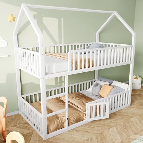 Luxeza Kinder-Etagenbett, Metall-Doppelbett, Kinder-Familienbett, Etagenbett mit Treppe, Loft-Design, Unteres Bett mit Kleiner Tür zum Öffnen und Schließen (Weiß, 90 * 200cm) von Luxeza