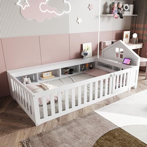 Luxeza Kinderbett, Mit Dachleiste und Fenster, Mit Staufach zur Aufbewahrung, Mit Sicherheitsgitter und Tür, Rundum-Sicherheitsschutz, Massivholzbett mit Lattenrost, Weiß (90 x 200 cm) von Luxeza