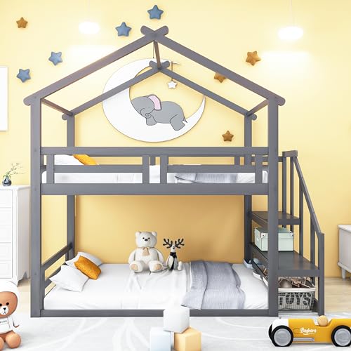 Luxeza Kinderbett 90 * 200cm, Niedriges Etagenbett mit Sicherheitstreppe, Etagenbettgestell aus Massivholz mit Lattenrost, (Grau) von Luxeza