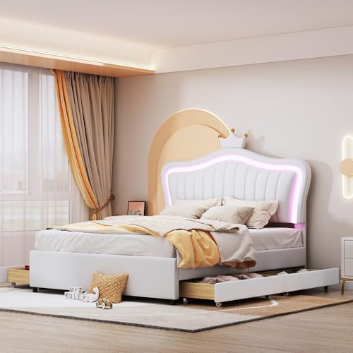 Kinderbett Polsterbett, Krone Mädchen Einzelbettgestell PU-Leder mit Aufbewahrungsschubladen, LED-Leuchten, Lattenrost und Rückenlehne (Weiß, 140 x 200 cm) von Luxeza