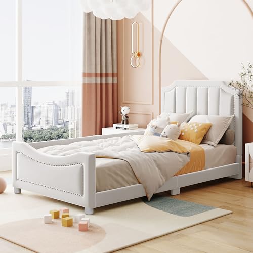 Kinderbett Polsterbett 90 * 200cm Schlafsofa Bettgestell Flanell Multifunktionsweichbett mit Rückenlehne Armlehne Eltern-Kind-Bett Jugendbett Gästebett (Beige) von Luxeza