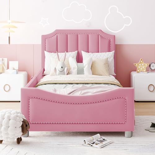 Kinderbett Polsterbett 90 * 200cm Schlafsofa Bettgestell Flanell Multifunktionsweichbett mit Rückenlehne Armlehne Eltern-Kind-Bett Jugendbett Gästebett (Rosa) von Luxeza