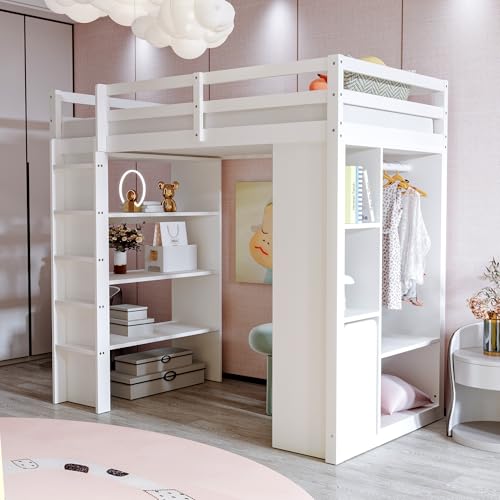 Luxeza Kinderhochbett 90 * 200 cm, Mit Mehrstufigen Regalen, Mit Einfachen Kleiderbügeln und Ablagefächern, Mit 1 Herausnehmbaren Organisationswagen, Viel Stauraum, Jugendbett, Einzelbett (Weiß) von Luxeza