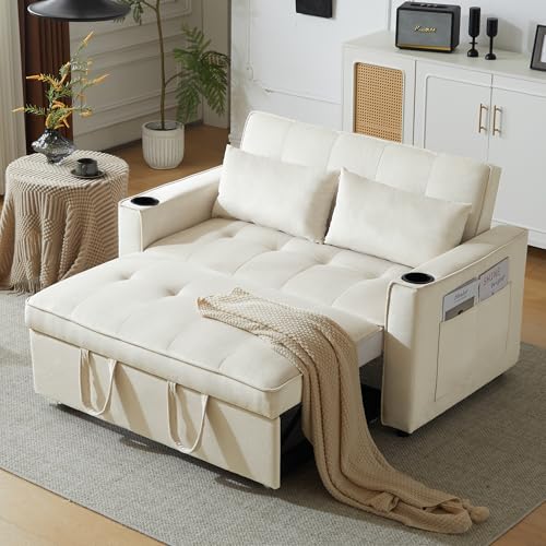 Luxeza Klappbares Schlafsofa, Multifunktionssofa mit Schlaffunktion, Schlafsofa mit Getränkehalter und Kissen, geeignet für Wohnzimmer, Schlafzimmer, Heimkino-Wohnung (Beige) von Luxeza