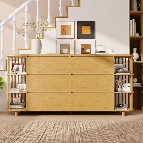 Luxeza Kommode Sideboard 160cm Eiche, Römisches Design mit Säulen & Bambus-Regalen, 6 Schubladen & offene Regale, Höhenverstellbare Füße, H75/B160/T40 cm Luxeza Kommode Sideboard 160cm Eiche, Römisches Design mit Säulen & Bambus-Regalen, 6 Schubladen & offene Regale, Höhenverstellbare Füße, H75/B160/T40 cm von Luxeza