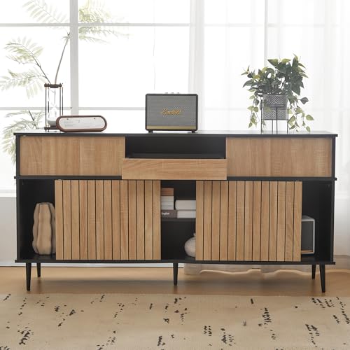 Luxeza Kommode mit 4 Schiebetüren und 1 Schublade, Eiche kombiniert mit Schwarz, Maße: 160 B x 40 T x 80 H Luxeza Kommode mit 4 Schiebetüren und 1 Schublade, Eiche kombiniert mit Schwarz, Maße: 160 B x 40 T x 80 H von Luxeza