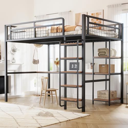 Luxeza Metall-Hochbett, Sicherheitsleiter mit Treppenstufen, Einzelbett, Kinderbett mit Tisch und Regalen, Metallgitter-Sicherheitszaun (Schwarz, 140 * 200 cm) von Luxeza