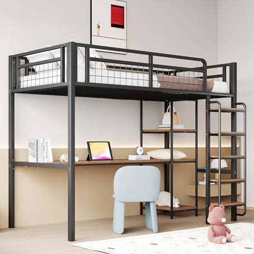 Luxeza Metall-Hochbett, Sicherheitsleiter mit Treppenstufen, Einzelbett, Kinderbett mit Tisch und Regalen, Metallgitter-Sicherheitszaun (Schwarz, 90 * 200 cm) von Luxeza