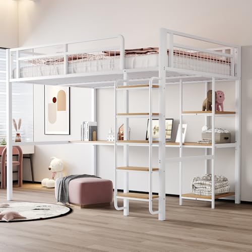Luxeza Metall-Hochbett, Sicherheitsleiter mit Treppenstufen, Einzelbett, Kinderbett mit Tisch und Regalen, Metallgitter-Sicherheitszaun (Weiß, 140 * 200 cm) von Luxeza