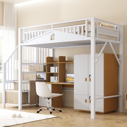 Luxeza Metall-Hochbett 90 x 200 cm, Einzigartiges Sicherheitsgehäuse mit Fenster, Sicherheitsleiter mit Spind (Weiß) von Luxeza