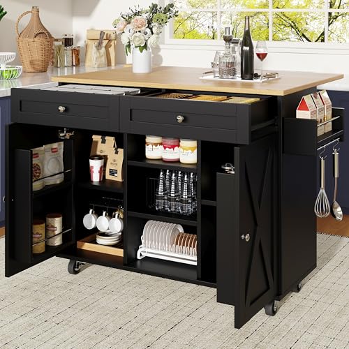 Luxeza Moderne Kücheninsel, Küchenschrank, buffetschrank, Speisewagen mit Holzmaserung, Multifunktionale Esstisch mit Speicherraum, Speisewagen mit Snackregalen (Schwarz) von Luxeza