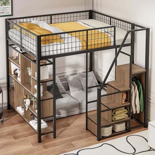 Luxeza Multifunktionales Hochbett, Metallbett mit Stauraum, Ablageflächen und Treppe, Erwachsenenbett und Kinderbett (Schwarz, 140 x 200 cm) von Luxeza