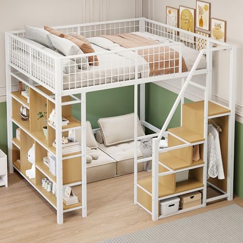 Luxeza Multifunktionales Hochbett, Metallbett mit Stauraum, Ablageflächen und Treppe, Erwachsenenbett und Kinderbett (Weiß, 140 x 200 cm) von Luxeza