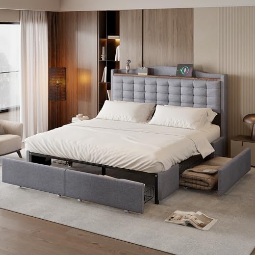 Luxeza Polsterbett, Nachttisch mit USB-Ladeanschluss und Ablage, Doppelflachbett mit 4 Schubladen, Leinenstoff (hellgrau, 160 * 200 cm,) von Luxeza