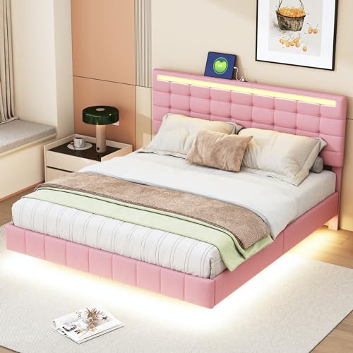 Luxeza Polsterbett, gepolsterter Schwebebettrahmen mit LED-Leuchten und Kopfteildesign, flächiges Doppelbett-Gästebett in hautfreundlichem Leinen(Rosa, 160 x 200 cm) von Luxeza