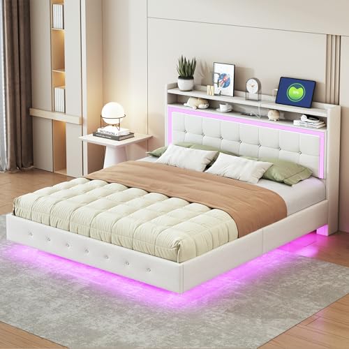 Luxeza Polsterbett, mit USB-Steckdose und LED-Licht, Bett kann am Kopfende des Bettes platziert Werden, verstecktes Fußdesign, Doppelflachbett (Leinenstoff beige,160 * 200cm) von Luxeza