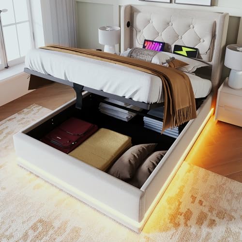 Luxeza Polsterbett,Baumwolle-Material Hydraulisches Stauraumbett, gepolstertes Kopfteil mit USB Typ-C Ladefunktion, 3-seitige LED-Funktion(Ohne Matratze) (Beige, 90 * 200 cm) von Luxeza