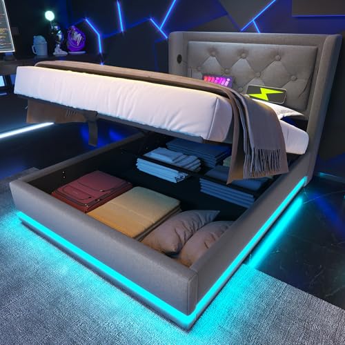 Luxeza Polsterbett,Baumwolle-Material Hydraulisches Stauraumbett, gepolstertes Kopfteil mit USB Typ-C Ladefunktion, 3-seitige LED-Funktion(Ohne Matratze) (Grau, 90 * 200 cm) von Luxeza
