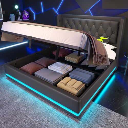 Luxeza Polsterbett,PU-Material Hydraulisches Stauraumbett, gepolstertes Kopfteil mit USB Typ-C Ladefunktion, 3-seitige LED-Funktion(Ohne Matratze) (Schwarz, 160 * 200 cm) von Luxeza