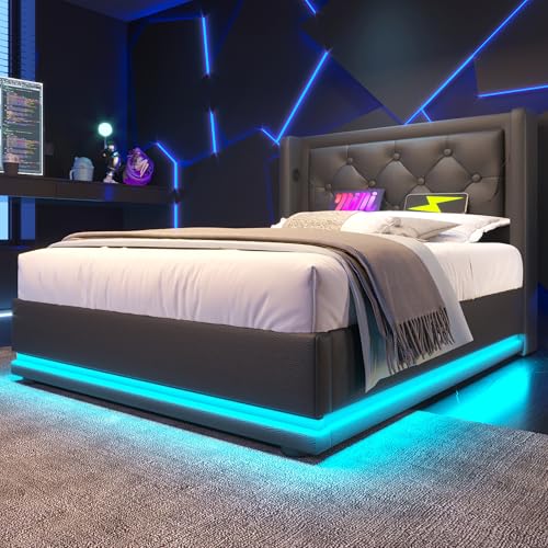 Luxeza Polsterbett,PU-Material Hydraulisches Stauraumbett, gepolstertes Kopfteil mit USB Typ-C Ladefunktion, 3-seitige LED-Funktion(Ohne Matratze) (Schwarz, 90 * 200 cm) von Luxeza