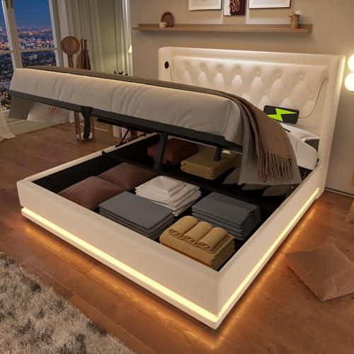 Luxeza Polsterbett,PU-Material Hydraulisches Stauraumbett, gepolstertes Kopfteil mit USB Typ-C Ladefunktion, 3-seitige LED-Funktion(Ohne Matratze) (Weiß, 180 * 200 cm) von Luxeza