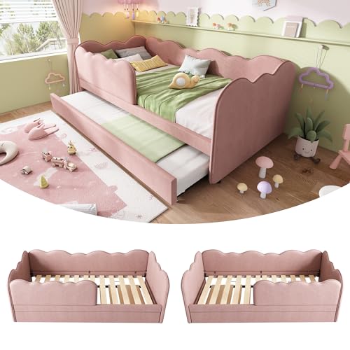 Luxeza Polsterbett Daybett 90x190cm,Tagesbett Schlafsofa mit Ausziehbett 90x190cm, Kinderbett mit Lattenrost, ohne Matratze (Rosa+Samt) von Luxeza