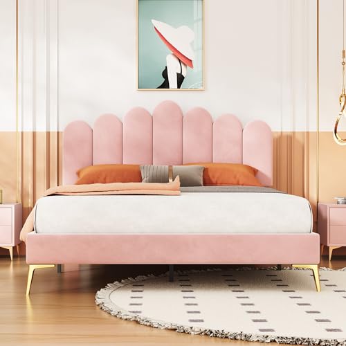 Luxeza Polsterbett Doppelbett 140 x 200 cm, Bettgestell mit Kopfteil und Lattenrost, Erwachsenen-Jugendbett-Gästebett in hautfreundlichem Samtstoff (Rosa) von Luxeza