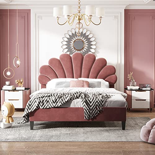 Luxeza Polsterbett Kinderbett, Bettgestell mit Kopfteil in Blumenform und Lattenrost, Teenie-Mädchenbett in hautfreundlichem Samtstoff, Gästebett (Bohnenrot, 140 x 200 cm) von Luxeza