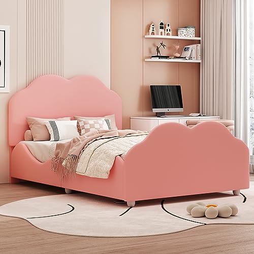 Luxeza Polsterbett Kinderbett 90 x 200 cm hohes Geländer-Kinder Bettgestell mit wolkenförmigem Kopf- und Fußteil. Einzelbett in hautfreundlichem Samt (Rosa) von Luxeza