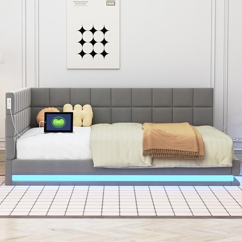 Luxeza Polsterbett Schlafsofa ，Multifunktionsbettmit LED Lichtleiste, USB Steckdose und Lattenrost, hautsympathischer Samtstoff (Grau, 140 * 200cm) von Luxeza