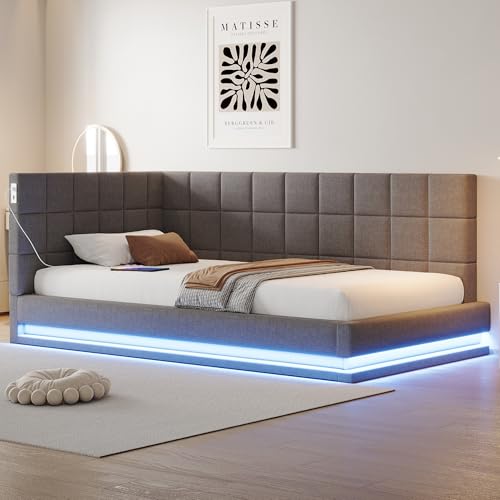 Luxeza Polsterbett Schlafsofa ，Multifunktionsbettmit LED Lichtleiste, USB Steckdose und Lattenrost, hautsympathischer Samtstoff (Grau, 90 * 200cm) von Luxeza