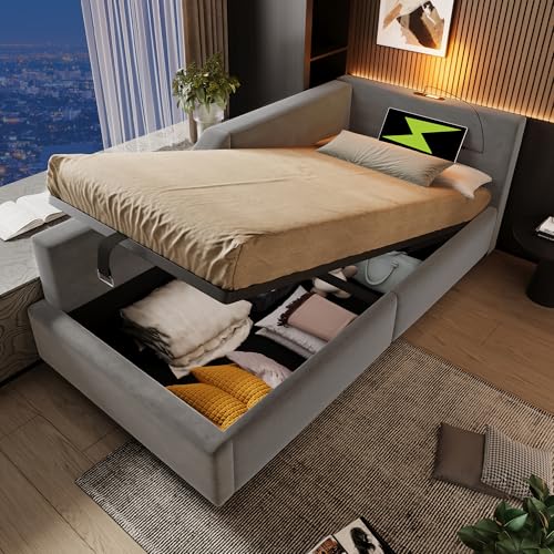 Luxeza Polsterbett Tagesbett Daybett, Schlafsofa mit hydraulischem Stauraum, Leselichtfunktion und USB-C-Ladefunktion, Kinderbett Jugendbett Bettgestell mit Lattenrost aus Holz, Samt (Grau, 90x200cm) von Luxeza