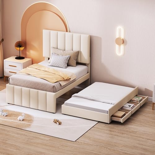 Luxeza Polsterbett mit Ausziehbett und Schubladen, hautfreundliche Leinenpolsterung, Doppelbett, Kinderbett, Jugendbett, Gästebett (Beige, 90 x 200 cm) von Luxeza