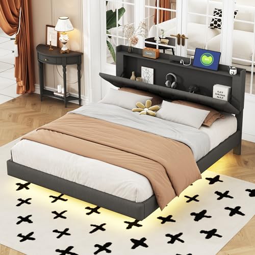 Luxeza Polsterbett mit USB-Ladeanschluss und LED-Farbwechsel-Lichtleiste, Doppelbett in hautfreundlichem Leinenstoff mit Lattenrost grau 160 * 200 cm Luxeza Polsterbett mit USB-Ladeanschluss und LED-Farbwechsel-Lichtleiste, Doppelbett in hautfreundlichem Leinenstoff mit Lattenrost grau 160 * 200 cm von Luxeza