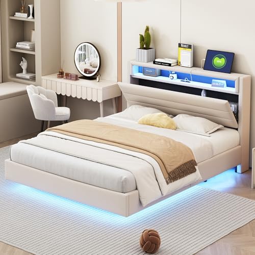 Luxeza Polsterbett mit USB-Steckdose und LED-Licht, wendbares Kopfteil, verdecktes Fußteil, Doppelflachbett, Jugendbett, Erwachsenenbett (Leinenstoff Beige, 140x200 cm) von Luxeza