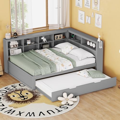 Luxeza Schlafsofa 140 * 200, ausziehbares Bett 90 * 190 mit USB-Steckdose und Mehreren Ablagefächern, Massivholzbett, Doppelbett, Multifunktionsbett aus Holz. (grau) von Luxeza