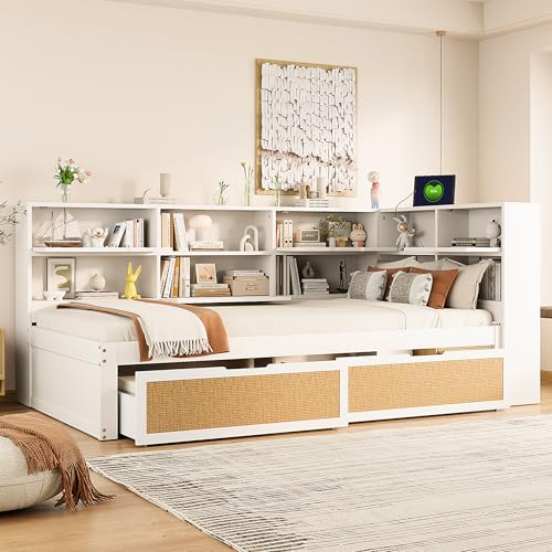 Luxeza Schlafsofa aus Massivholz mit Schublade Multifunktionales Einzelbett Kinderbett mit vielen Staufächern und Ladeanschluss Weiß (90 * 200cm mit Schublade) von Luxeza